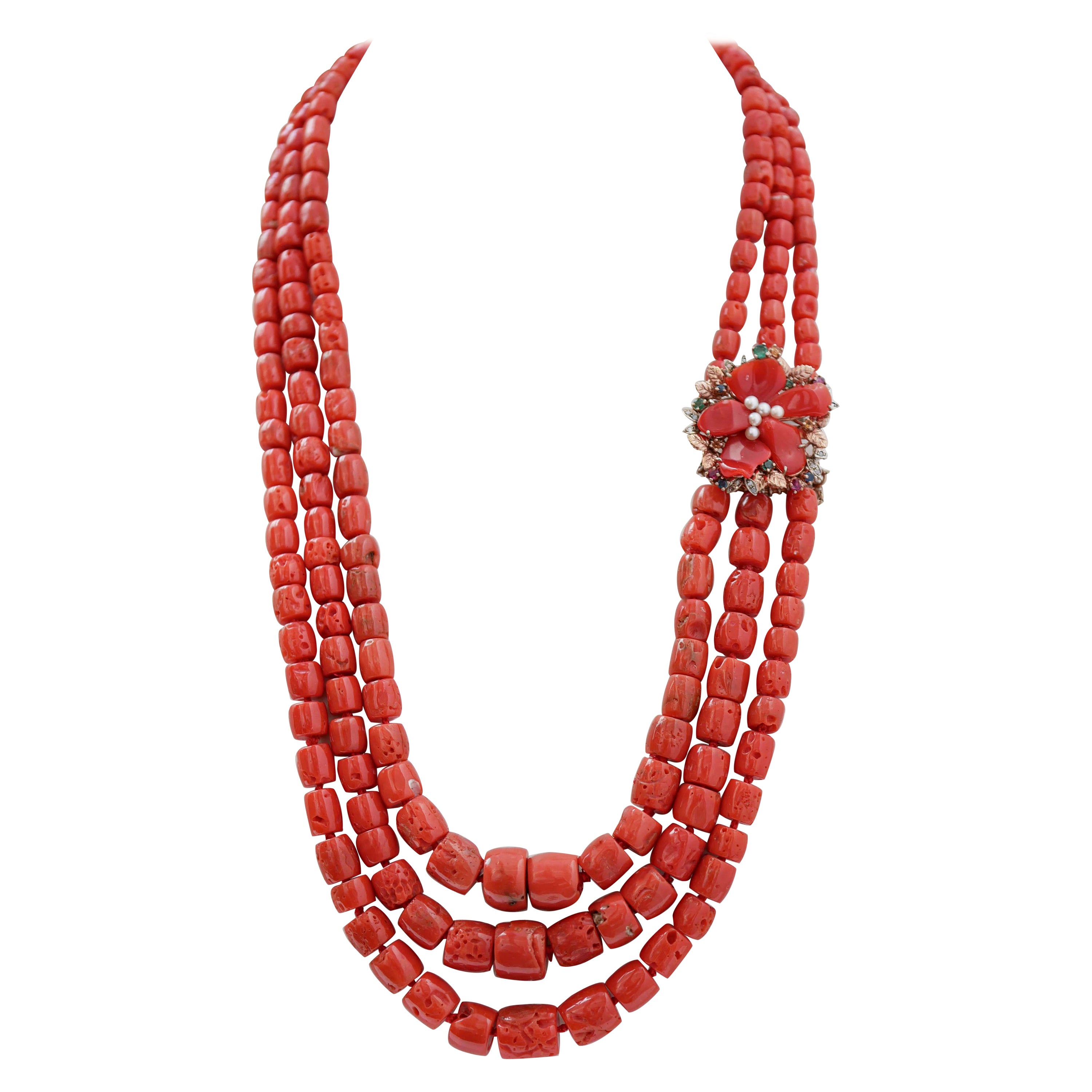 Coral, Pearls, Rubies, Emeralds, Sapphires, Diamonds, Gold and Silver Necklace. For Sale