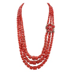 Retro Coral, Pearls, Rubies, Emeralds, Sapphires, Diamonds, Gold and Silver Necklace.