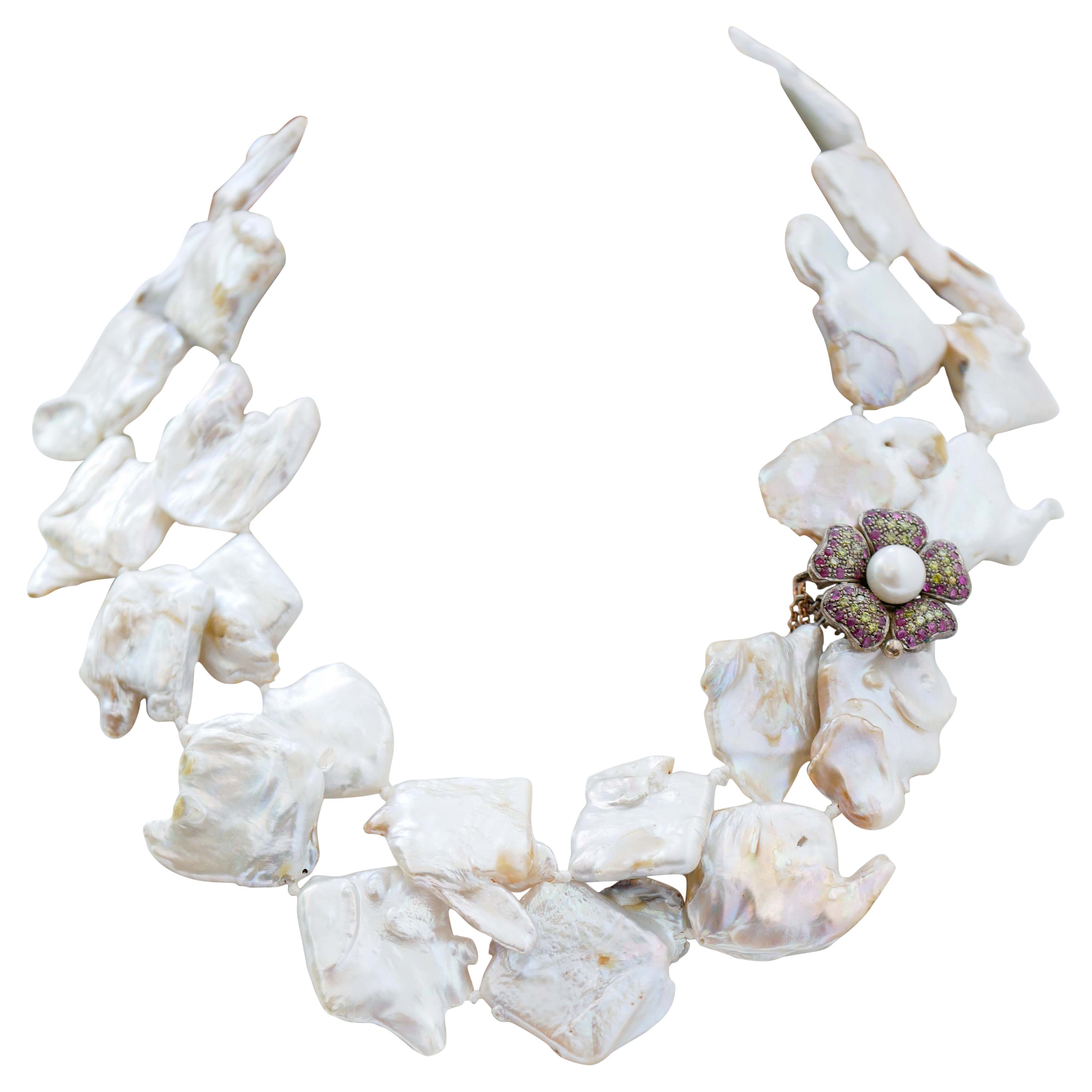 Baroque Pearls, Rubies, Stones, Rose Gold and Silver Retrò Necklace For Sale