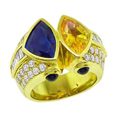 Vintage 2.50ct Blue and Yellow Sapphire 1.75ct Diamond Gold Ring