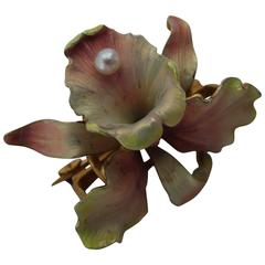 1900s Whiteside & Blank Original Art Nouveau Pearl Gold Orchid Brooch 12