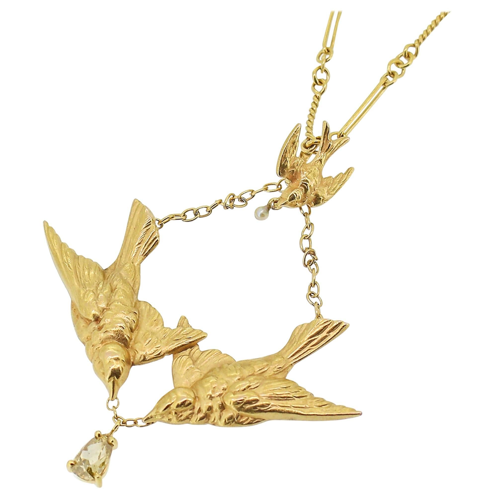 Art Nouveau Gold Swallow Motif Lavalier Style Necklace