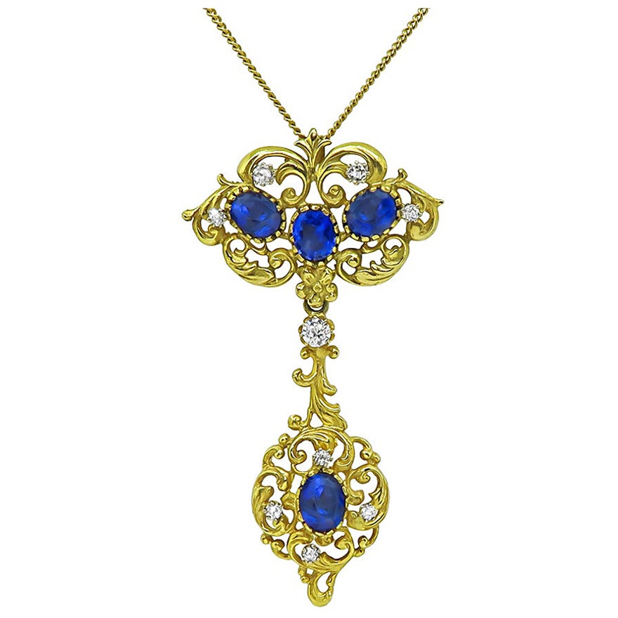 6.50ct Sapphire 0.50ct Diamond Gold Pendant Necklace For Sale
