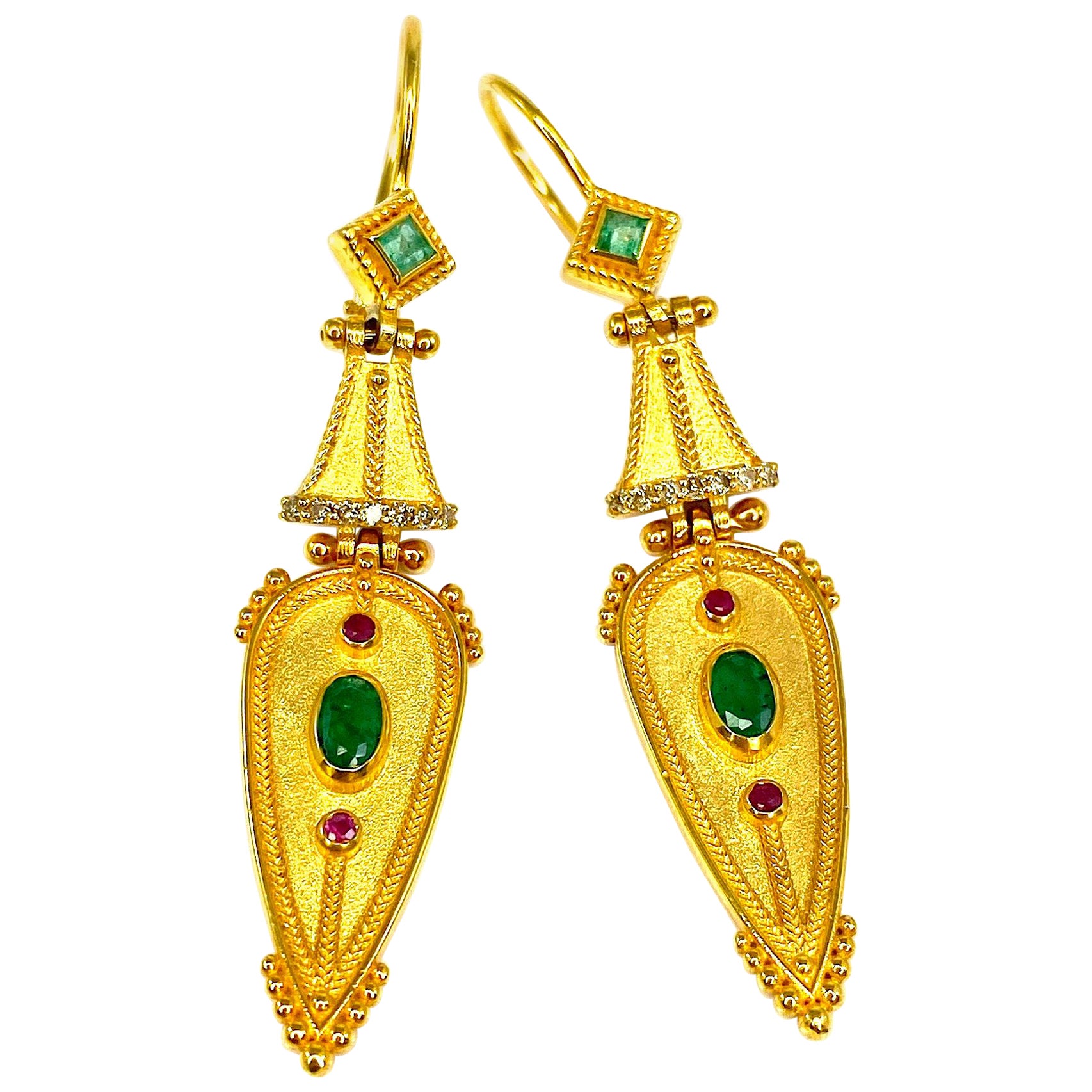 Georgios Collections 18 Karat Yellow Gold Emerald Diamond and Ruby Drop Earrings