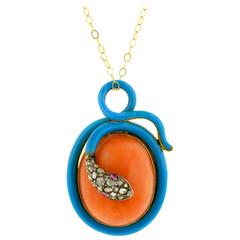 1840s Enamel Coral Rose Cut Diamond Snake Pendant