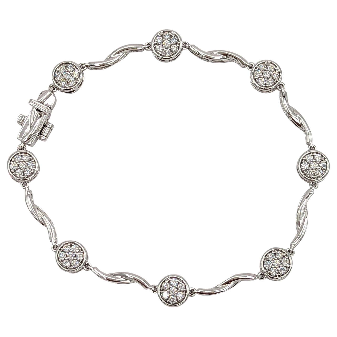White Diamond Bezel Cluster Bracelet in 14K White Gold For Sale