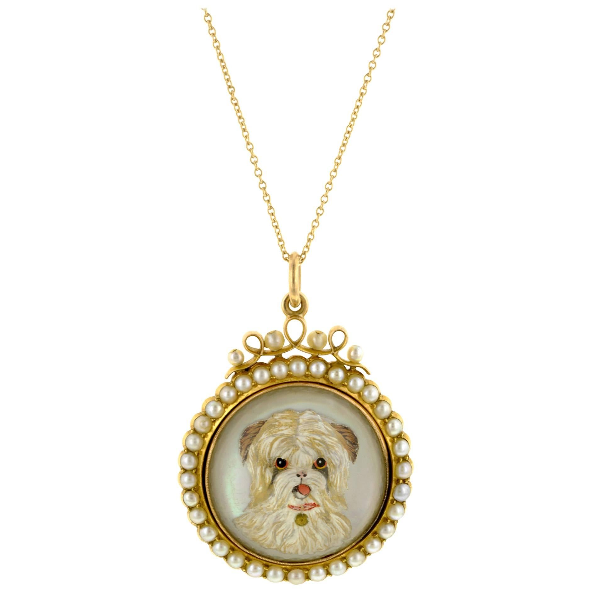 1890s Victorian Reverse Intaglio Pearl Gold Crystal Dog Pendant For Sale
