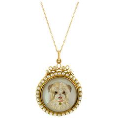 1890s Victorian Reverse Intaglio Pearl Gold Crystal Dog Pendant