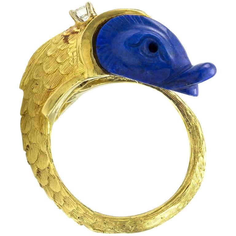 Carved Lapis Gold Hand Etched Detailed Fish Ring with Diamond Accent