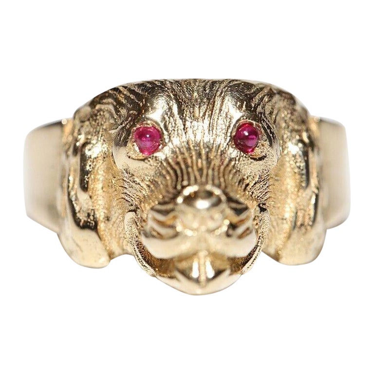14k Gold New Made Natural Cabochon Cut Ruby Decorated Dog Style Ring  For Sale