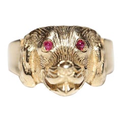 Or 14k New Made Nature Cabochon Cut Ruby Decorated Dog Style Ring 