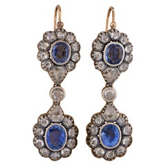 Antique Victorian 8.80 C. Natural Untreated Sapphire Rose Cut Diamond Drop Earrings