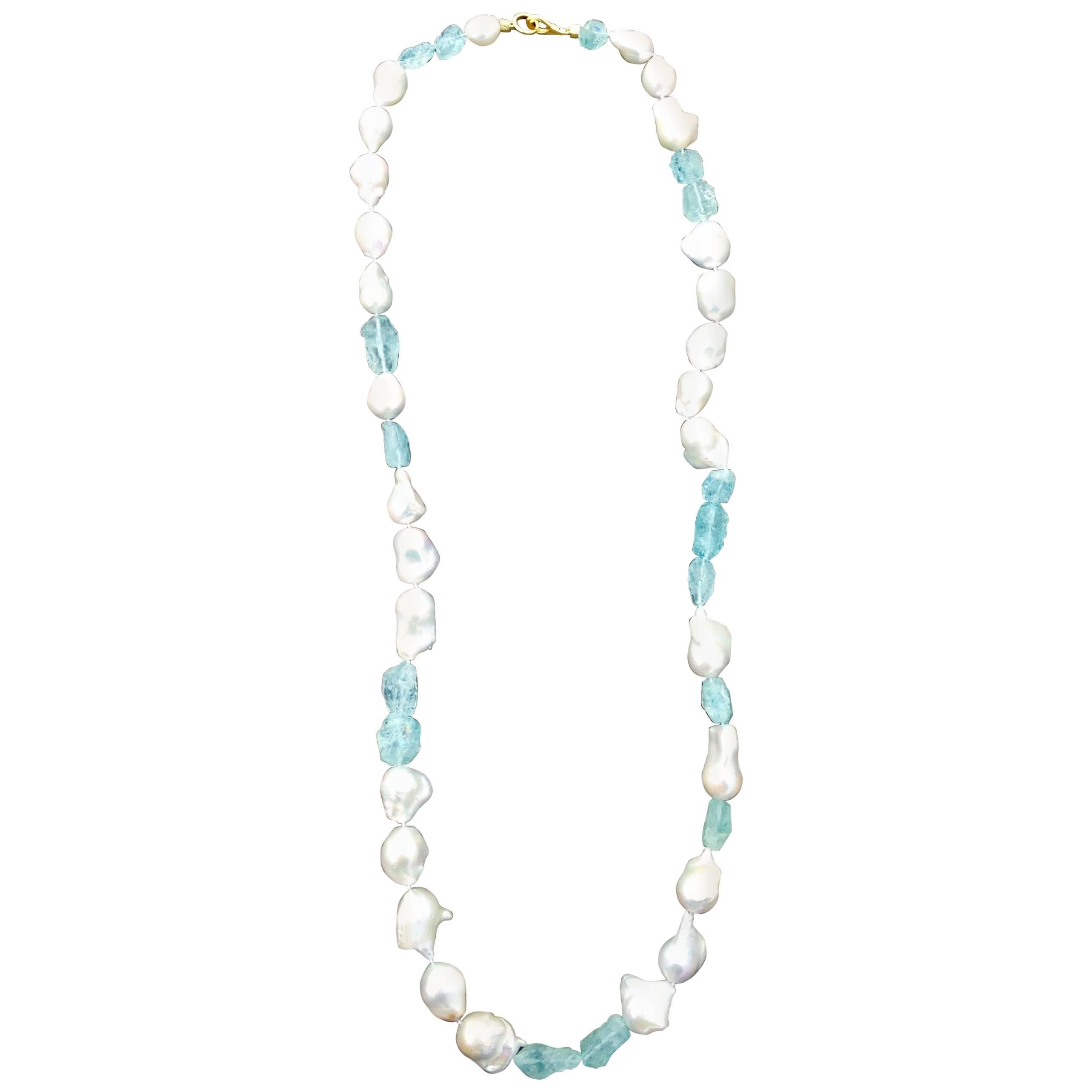 South Sea Baroque Pearl and Aquamarine Hand Strung Necklace