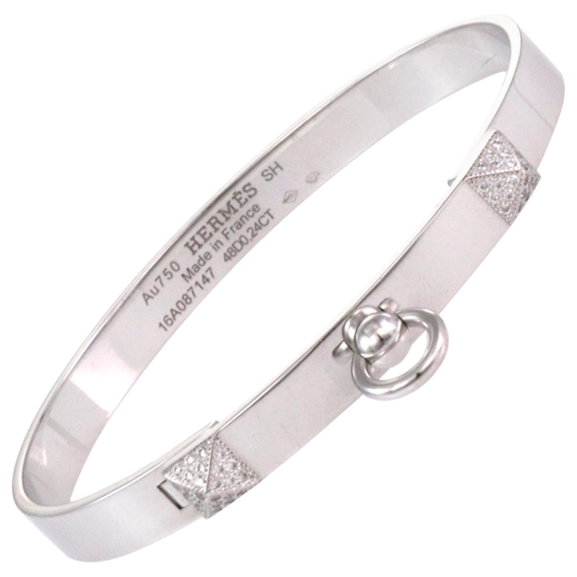 Bracelet jonc Collier de Chien en or blanc 18 carats et diamants Hermès France en vente
