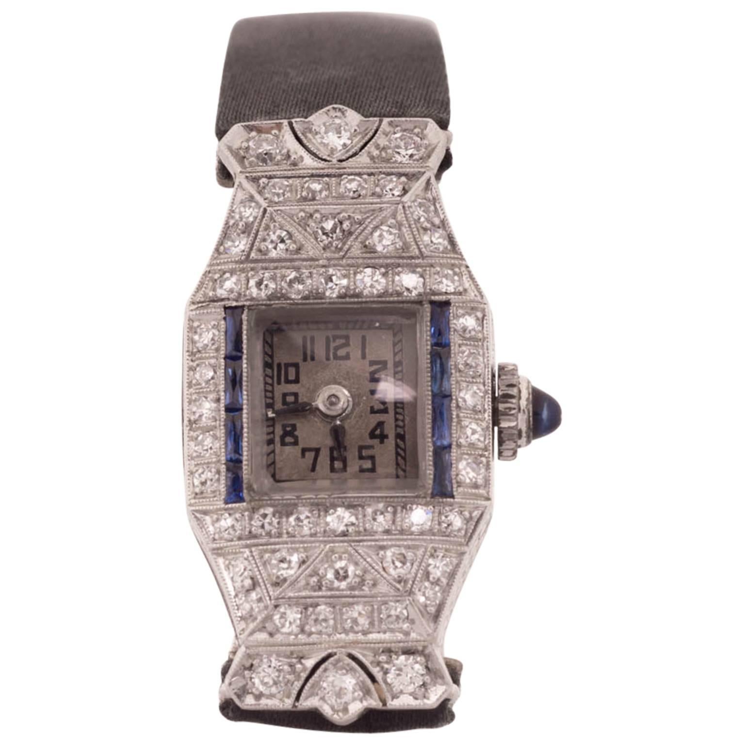 Art Deco Ladies Platinum Diamond Sapphire Wristwatch