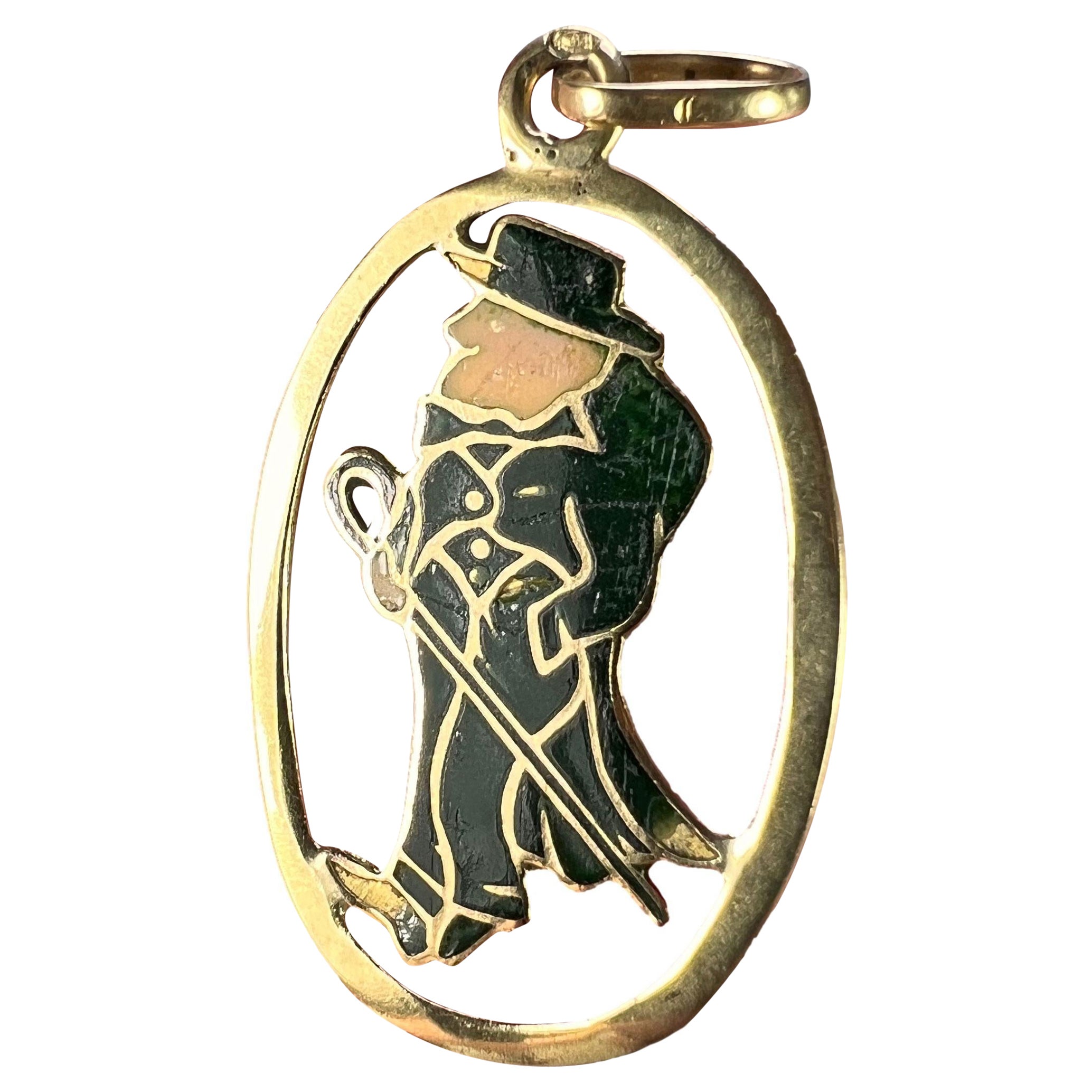 Saint Patrick Ireland Green Man Enamel 18K Yellow Gold Charm Pendant For Sale