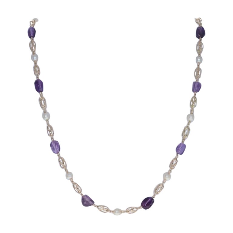 Yellow Gold Cultured Pearl & Amethyst Link Necklace 24 1/4" - 18k For Sale