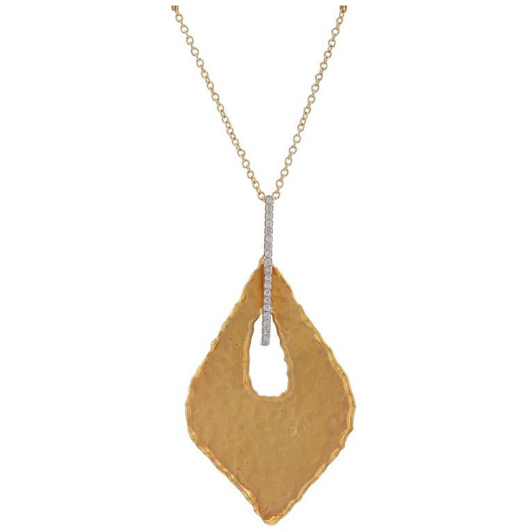 Yellow Gold Diamond Hammered Leaf Pendant Necklace 15 3/4" - 14k Round .12ctw