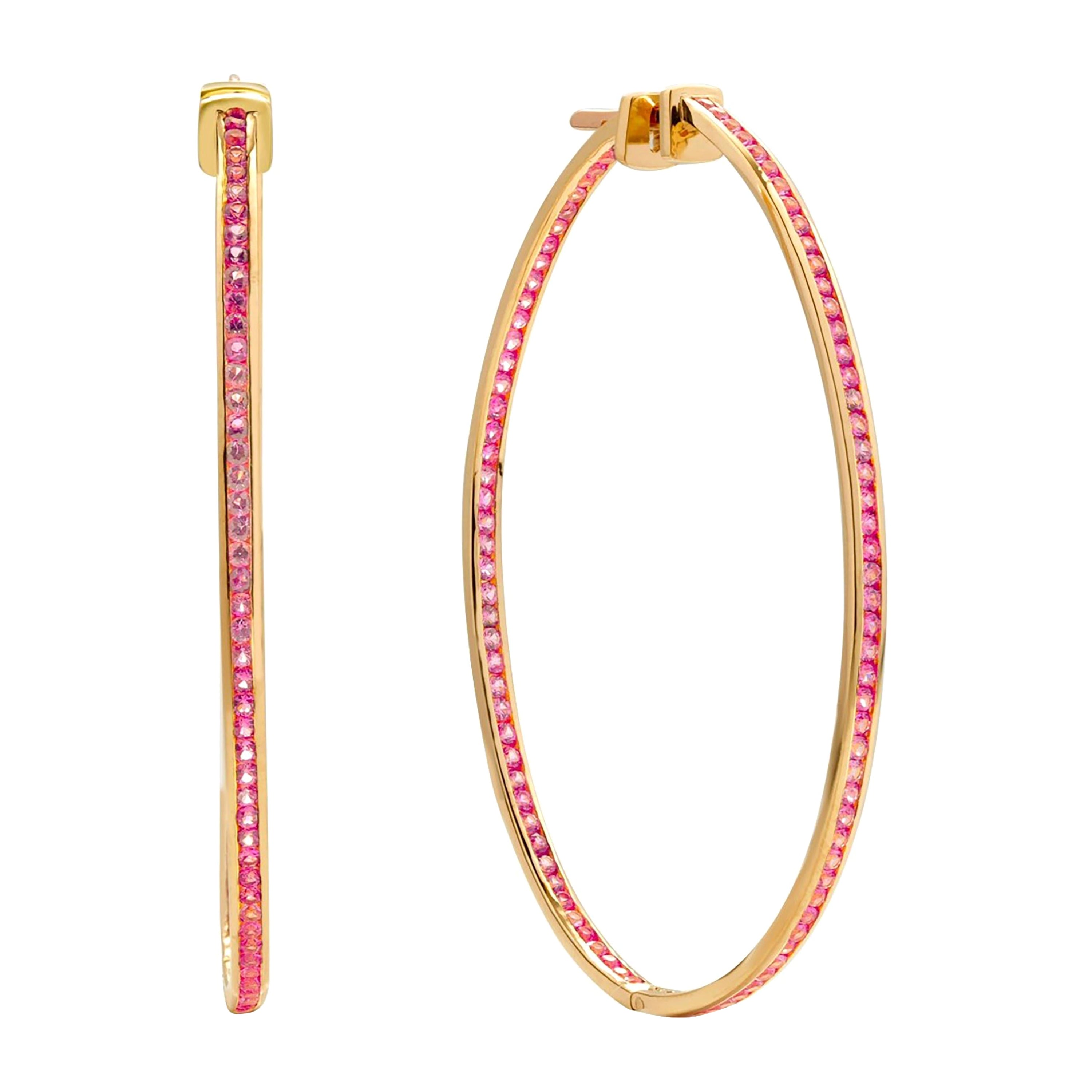 Inside Out 10 Carat Ceylon Pink Sapphire 2.5 Inch Yellow Gold Hoop Earrings  For Sale