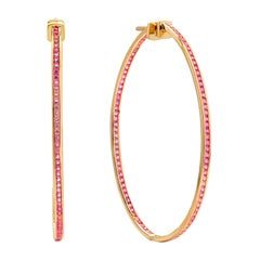 Used Inside Out 10 Carat Ceylon Pink Sapphire 2.5 Inch Yellow Gold Hoop Earrings 