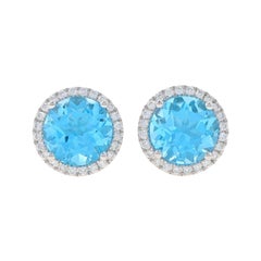 White Gold Blue Topaz & Diamond Large Halo Stud Earrings 14k Rnd 4.49ctw Pierced