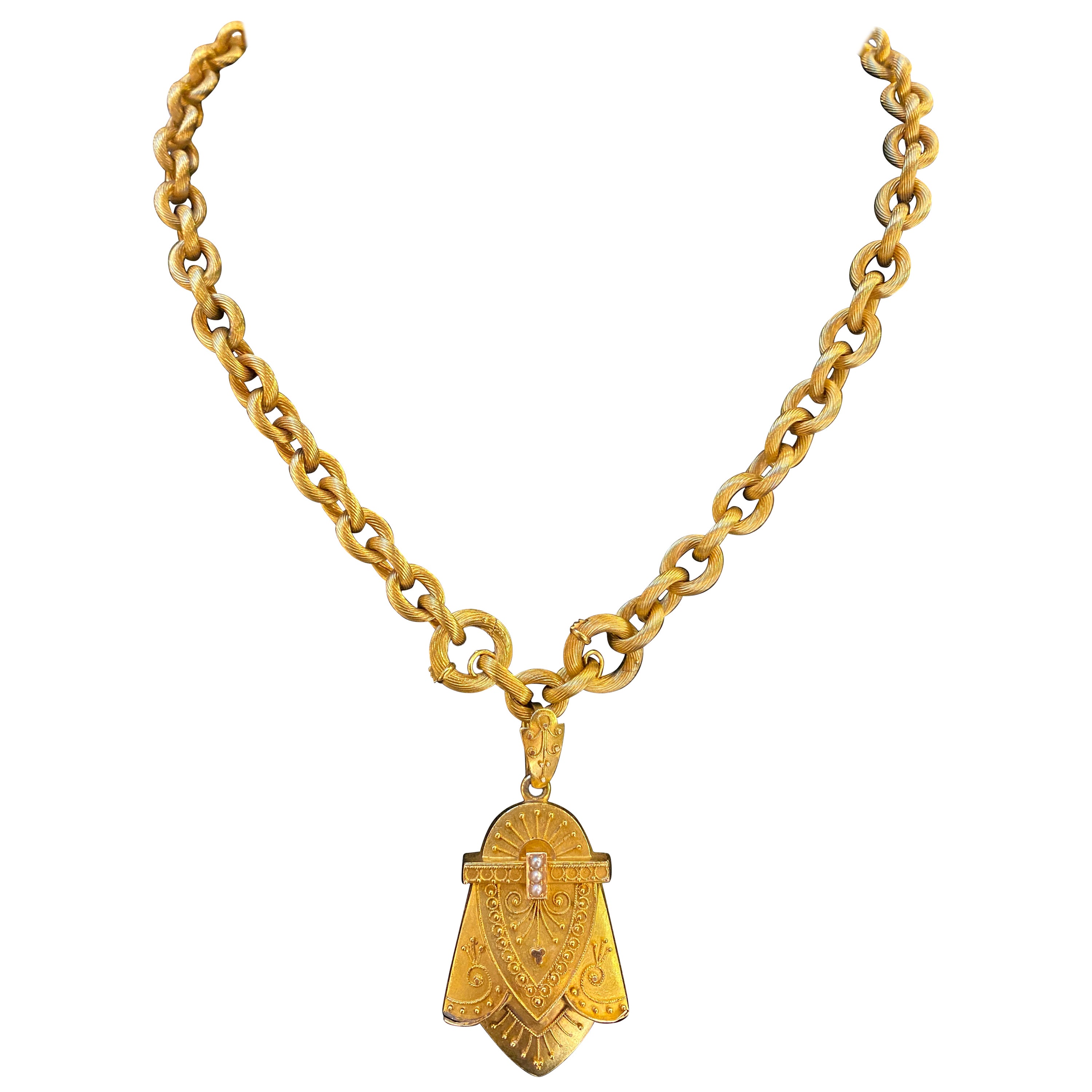 14k Gelbgold Etruskische Revival viktorianische Medaillon-Halskette mit Anhänger Kette