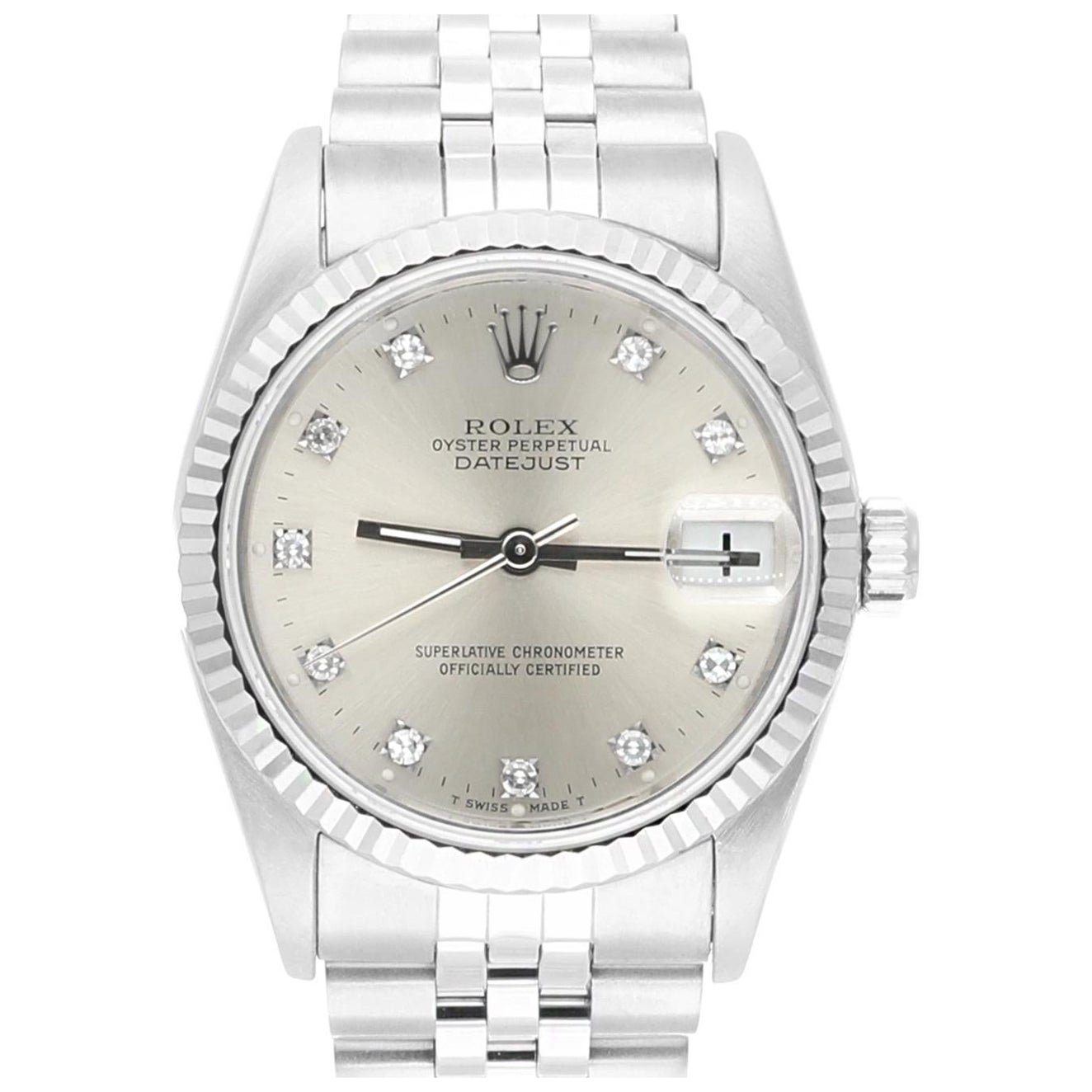 Rolex Datejust 31 Silver Diamond Dial Stainless Steel Watch White Gold Bezel For Sale