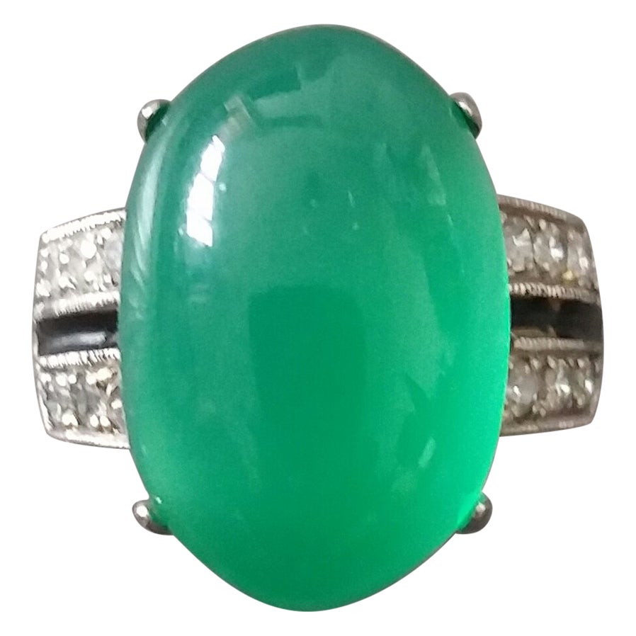 Art Deco Style Natural Green Onyx Cab Gold Diamonds Black Enamel Cocktail Ring For Sale