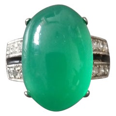Art Deco Style Natural Green Onyx Cab Gold Diamonds Black Enamel Cocktail Ring