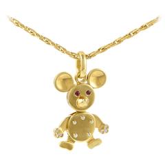 Vintage Pomellato Ruby Diamond Gold Mouse Pendant Necklace