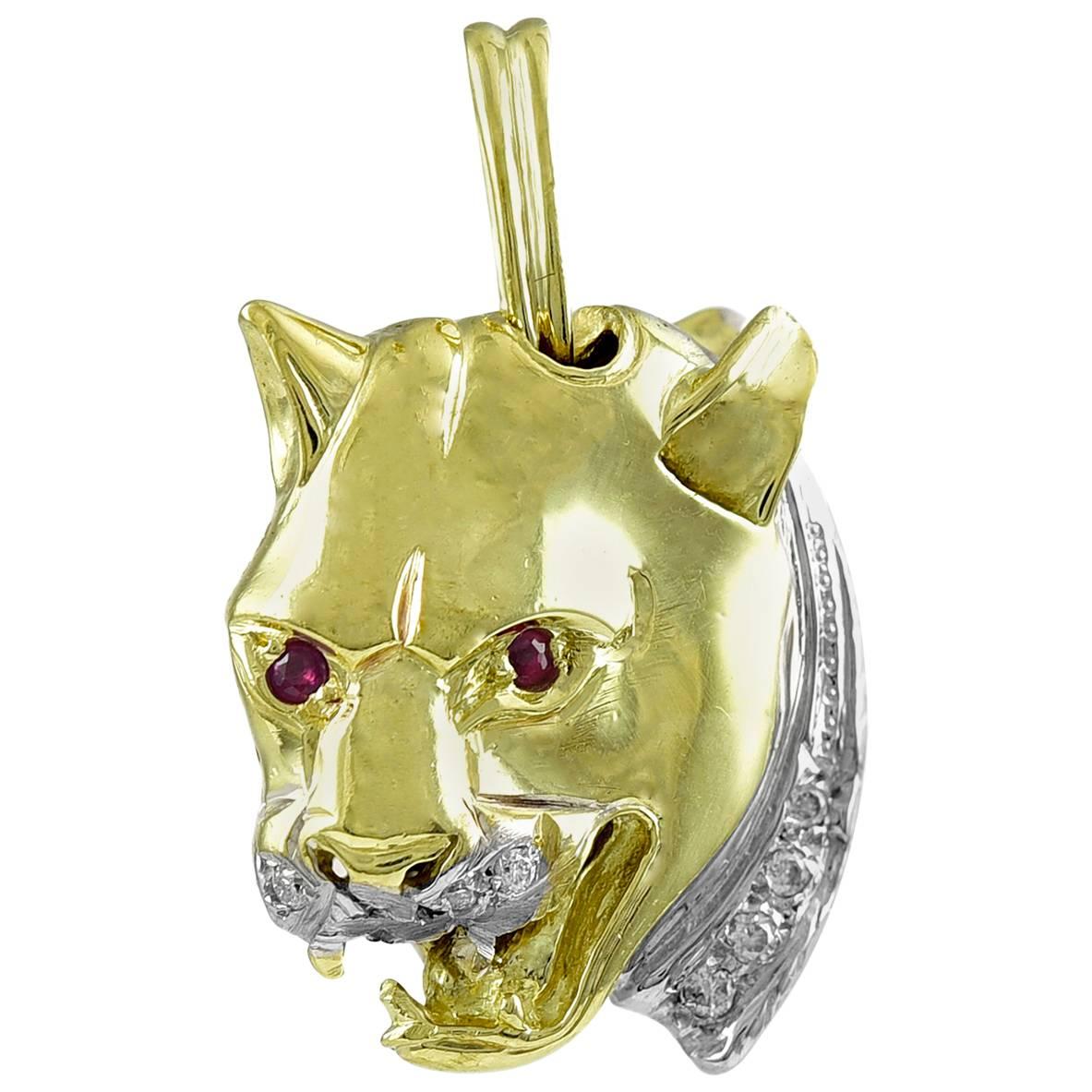 Fierce Gemset Gold Double-sided Leopard Head Pendant For Sale