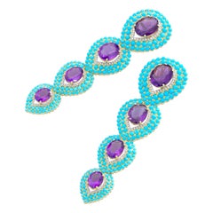 French Amethyst Turquoise and Diamond Earrings