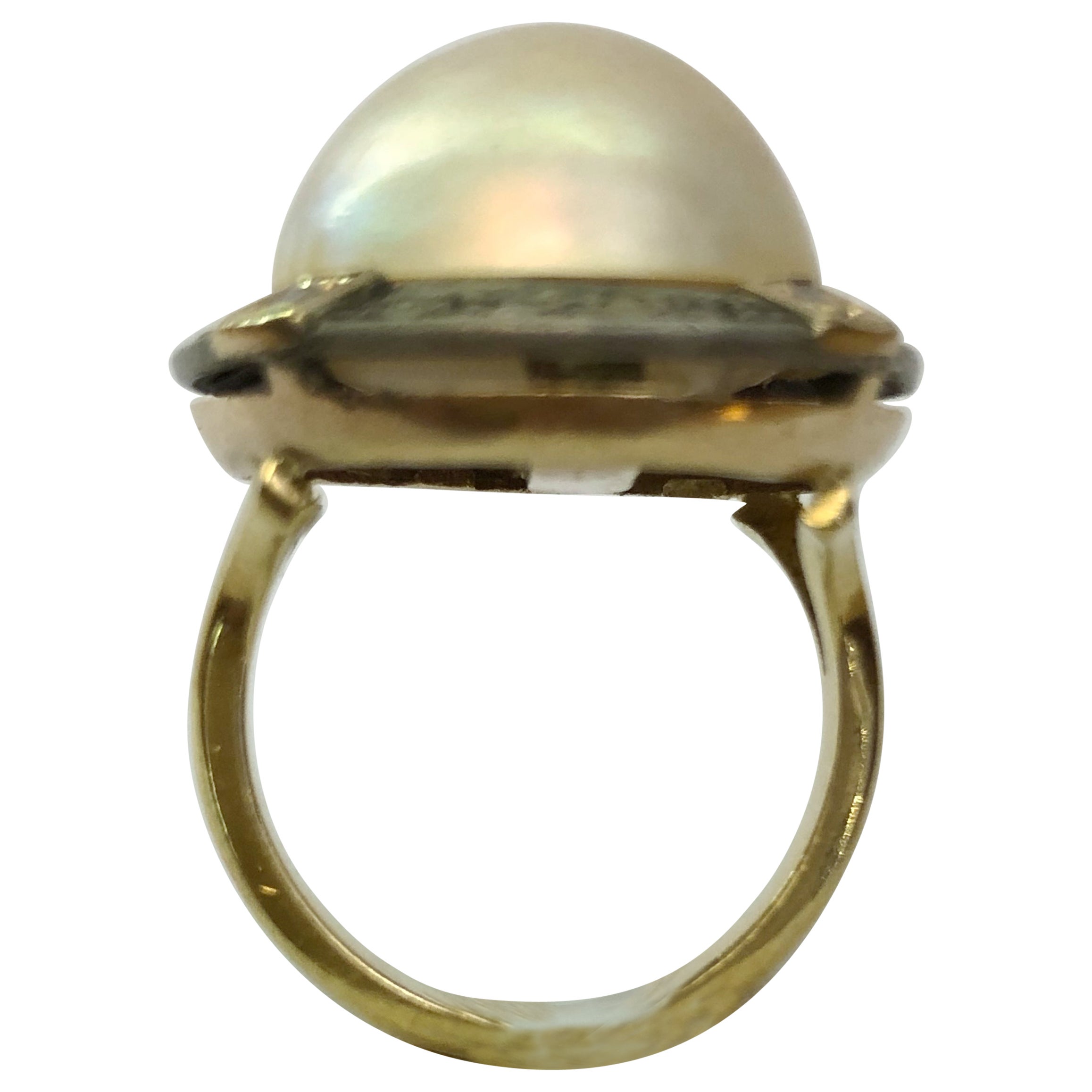 14 Karat Yellow Gold Diamond and Pearl Ring For Sale