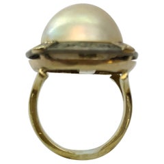 Retro 14 Karat Yellow Gold Diamond and Pearl Ring