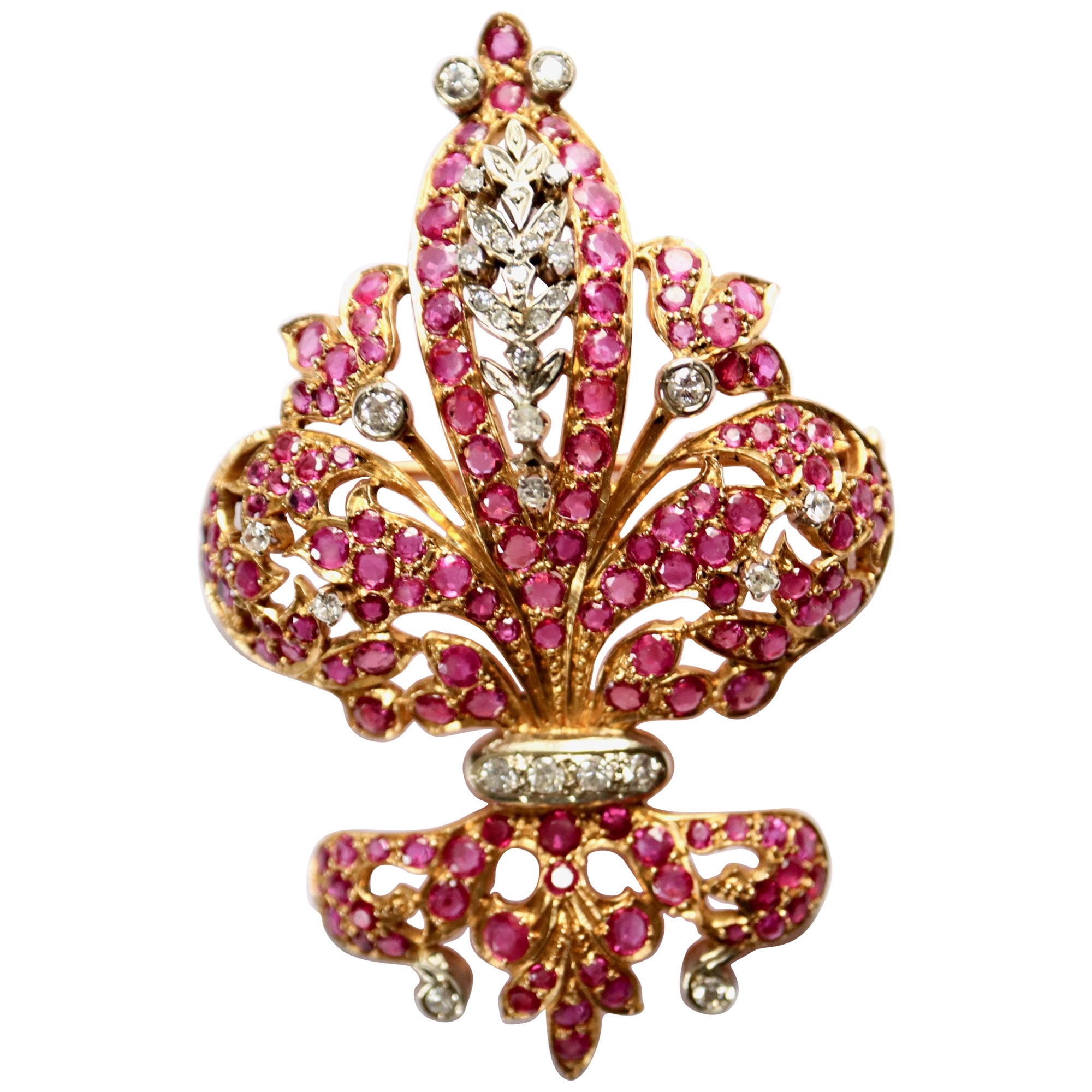Brooch Heraldic Lily in 18 Kt Gold, Rubies Diamonds For Sale