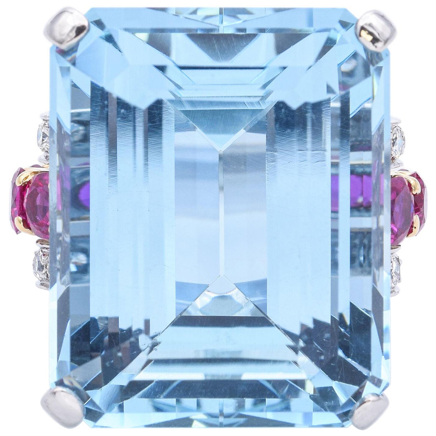 Appraised 30 TCW Aquamarine, Ruby & 0.40 TCW Diamond Platinum Ring +Box For Sale