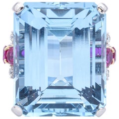 Expertisé 30 TCW Aquamarine, Ruby & 0.40 TCW Diamond Platinum Ring +Box