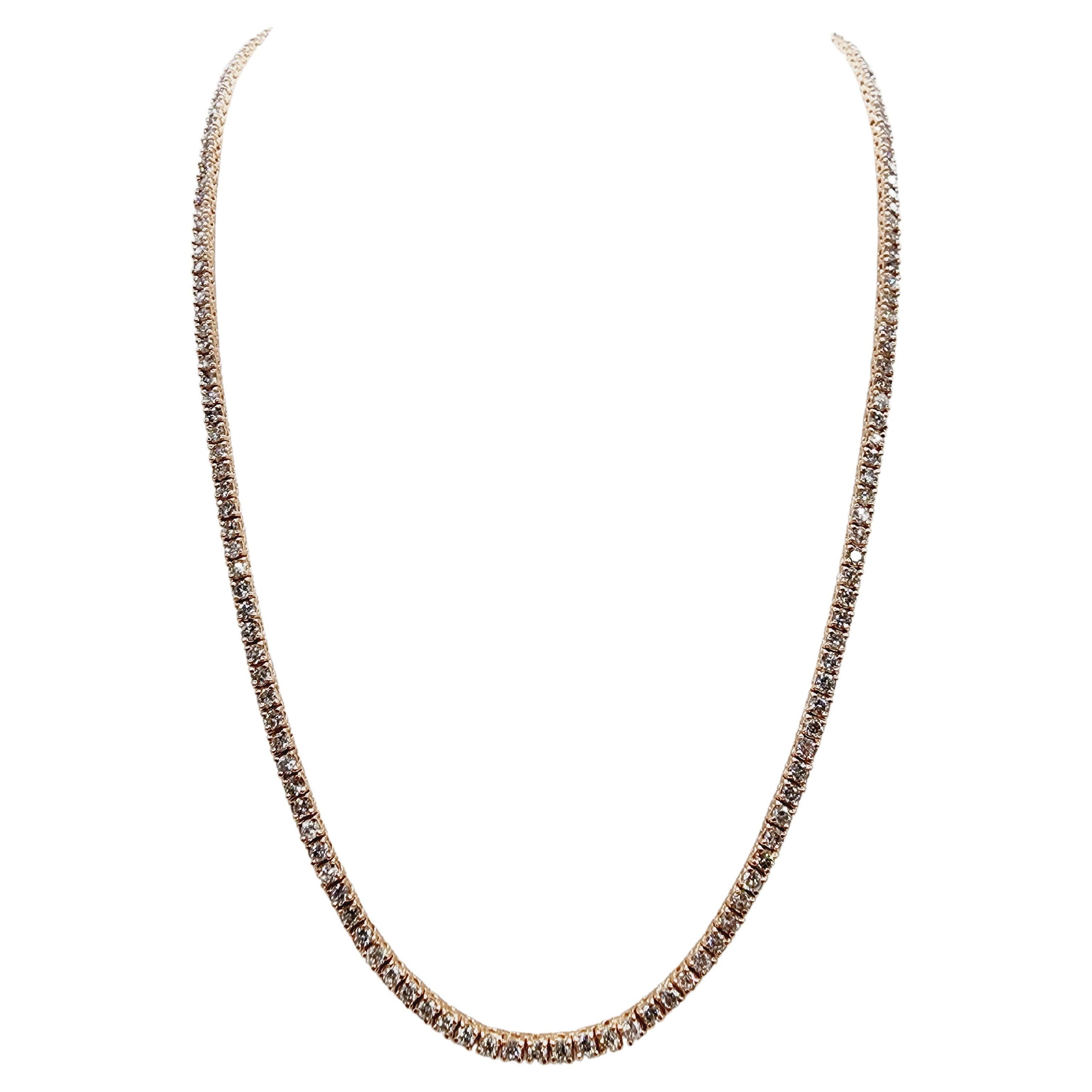 7.80 Carat Round Brilliant Cut Diamond Tennis Necklace 14 Karat Rose Gold For Sale