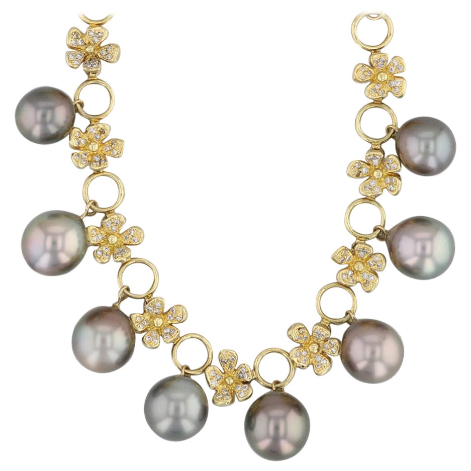 1,10ctw Diamant Blume schwarz kultivierte Perle Aussage Halskette 18k Gold 18,5" im Angebot
