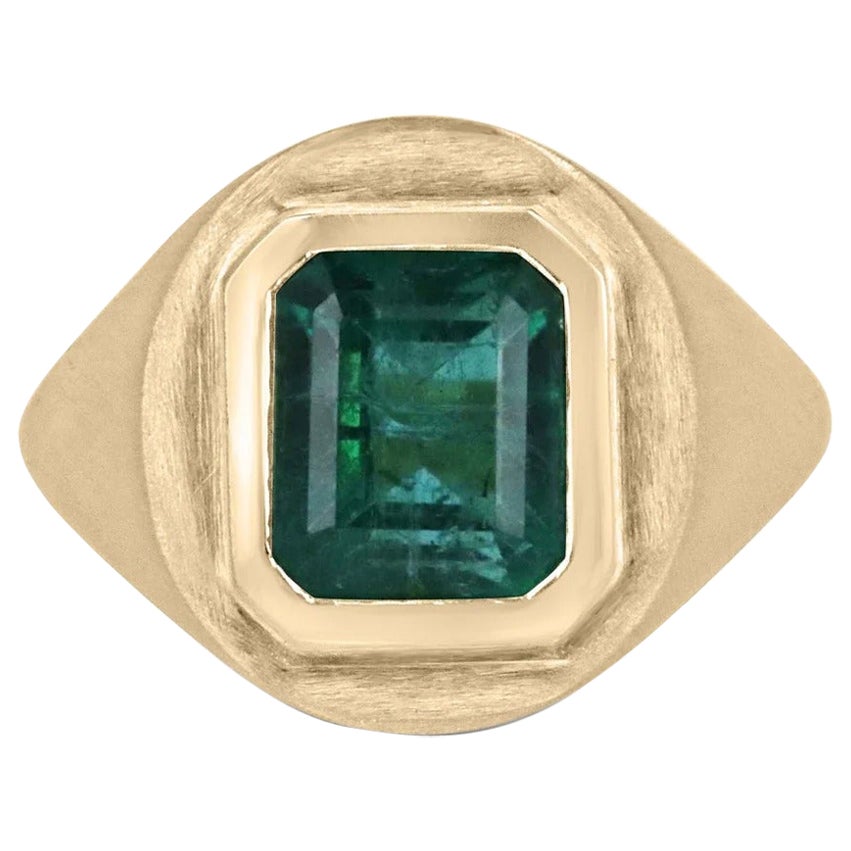 3.86ct 18K Deep Lush Green Emerald-Emerald Cut Solitaire Unisex Gold Bezel Ring For Sale