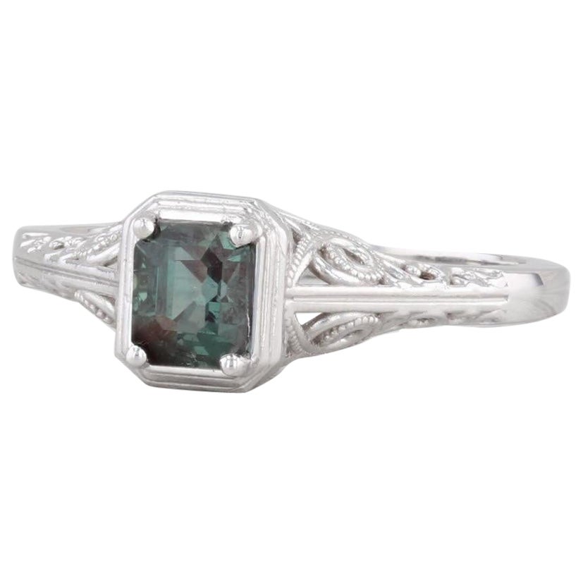 New 0.70ct Green Alexandrite Solitaire Ring 14k White Gold Size 6.5 Filigree For Sale