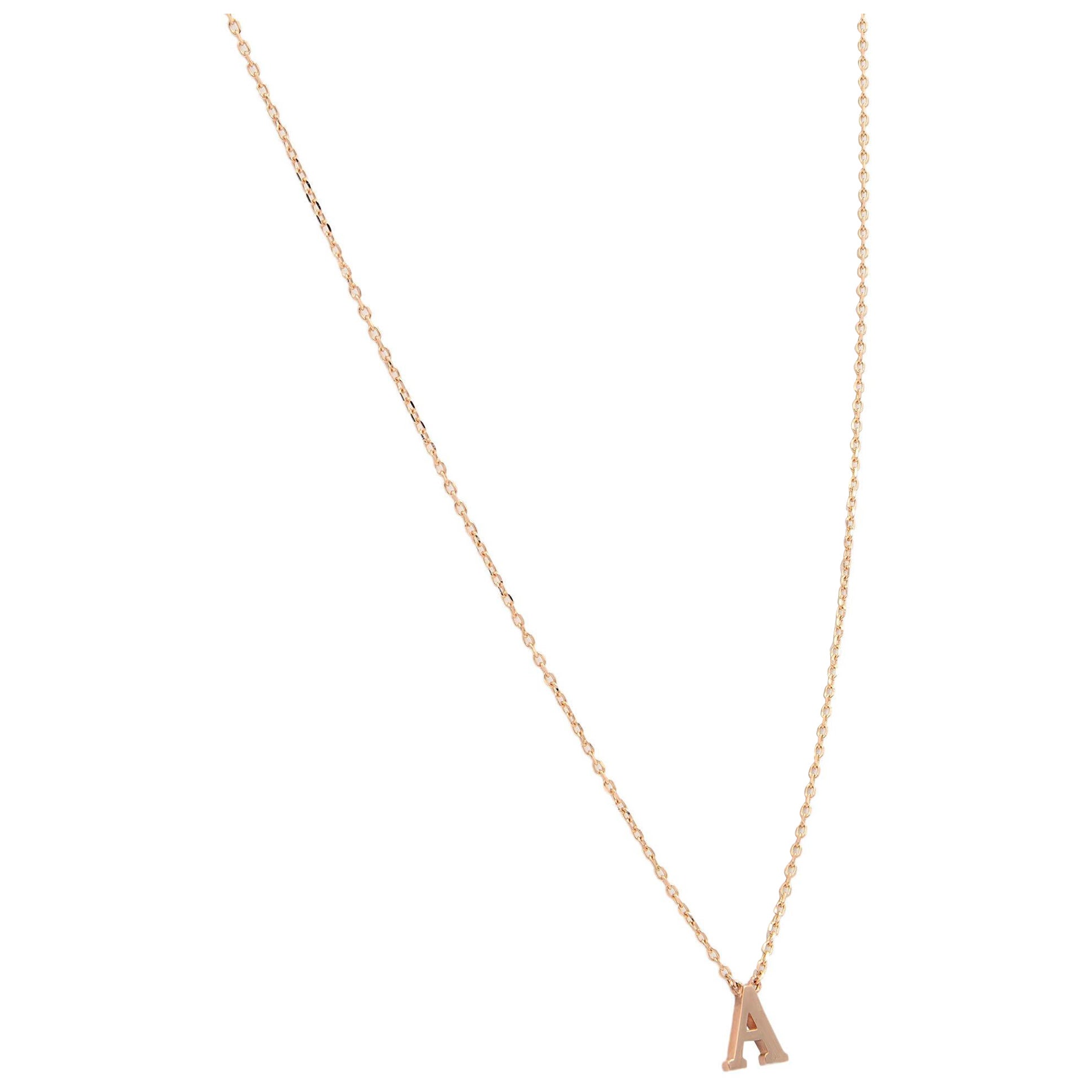 Rachel Koen Small 'A' Initial Letter Pendant Chain Necklace 14K Rose Gold For Sale
