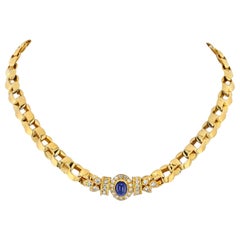Vintage Van Cleef & Arpels 18k Yellow Gold Diamond and Sapphire Curb Link Chain Necklace