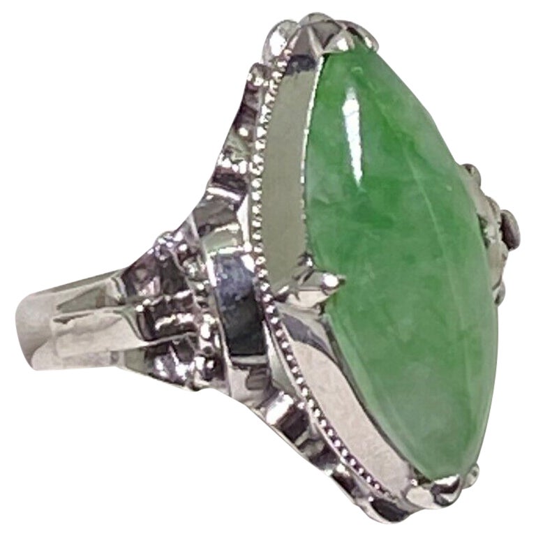 An Art-Deco c1930's Natural Marquise Shaped Jadeite Ring in 18K White Gold. For Sale