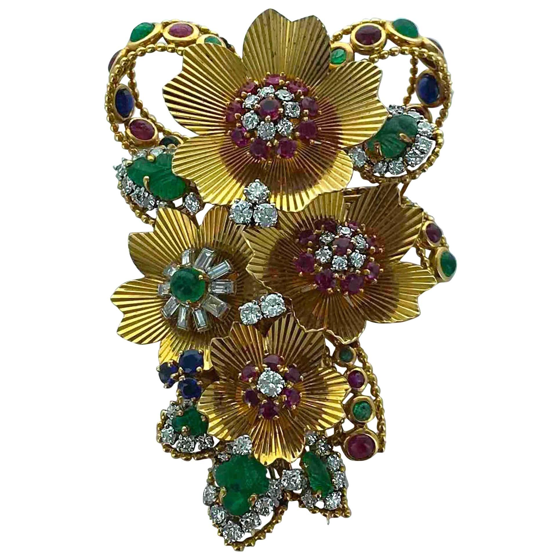 1955 Multi Gem Diamond Gold Flower Brooch