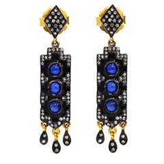 Ohrhänger mit blauem Saphir und Diamanten aus 14 Karat Gold und Silber