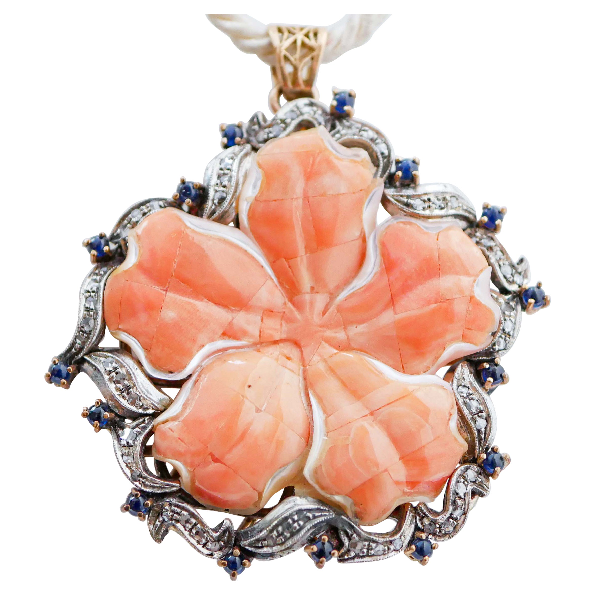 Coral, Sapphires, Diamonds, Rose Gold and Silver Pendant. For Sale