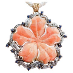 Coral, Sapphires, Diamonds, Rose Gold and Silver Pendant.