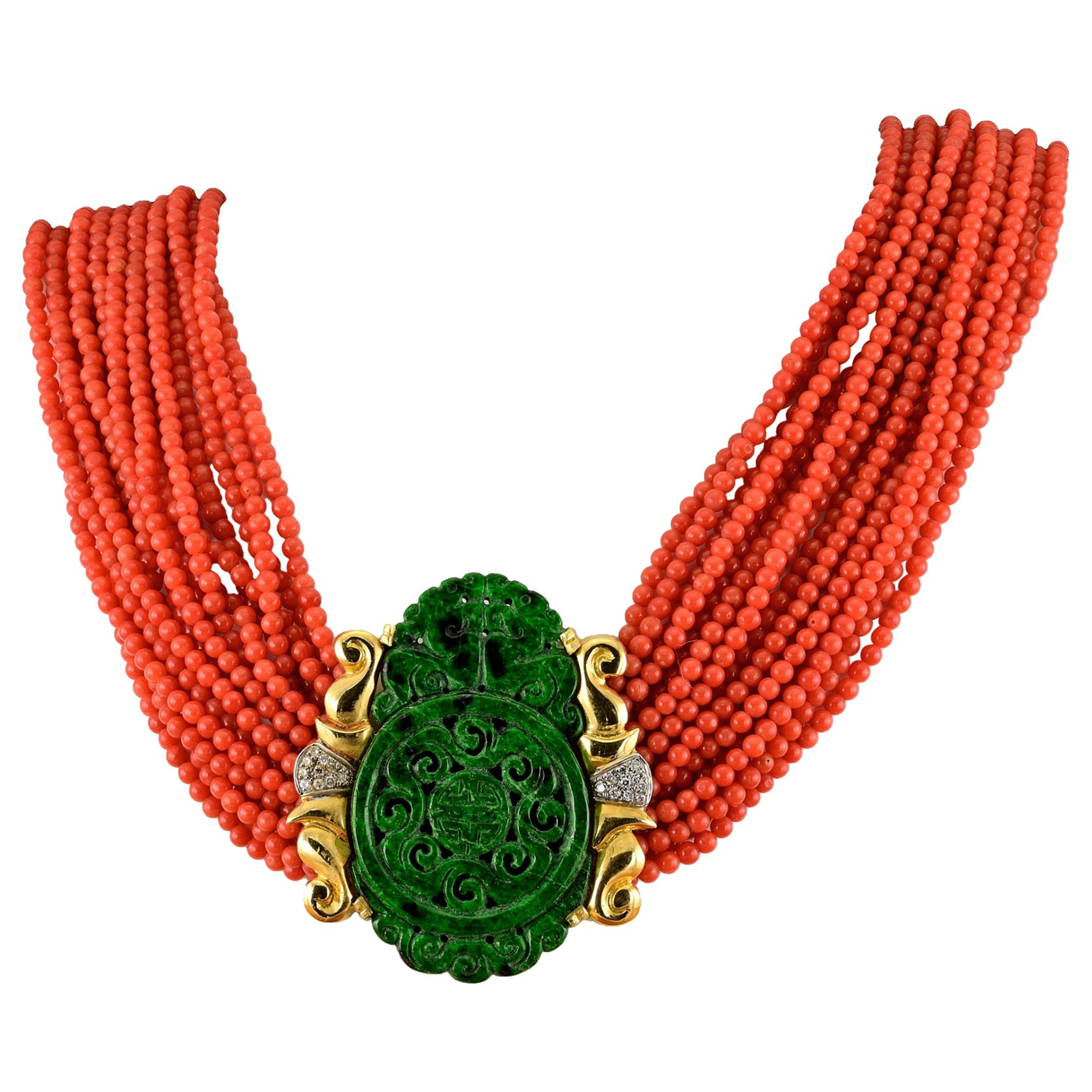 Estate Coral Multi-Strand Jade Diamond 18 Kt Necklace