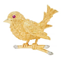 Cartier 1960s Ruby Diamond Platinum 18 Karat Yellow Gold Vintage Bird Brooch